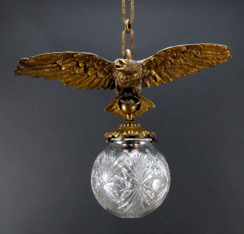 Vintage Gilt Bronze Imperial Eagle Chandelier with Cut Crystal Shade
