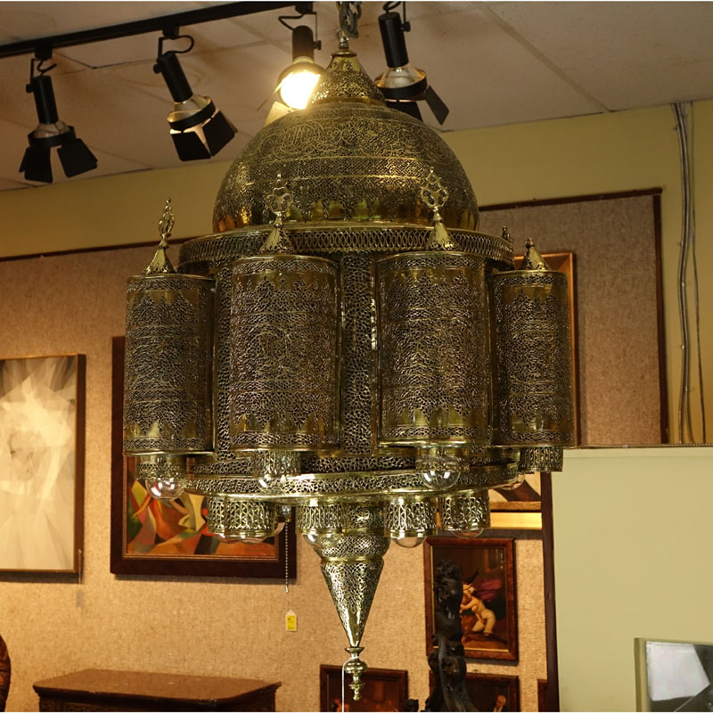 Large Mid 20th Century Moroccan Brass Chandelier with Filigree Islamic Design