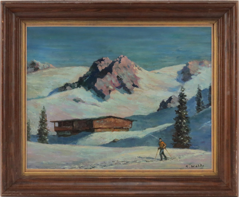 20th Century Oil on Artist Board, Skiing the Alps
