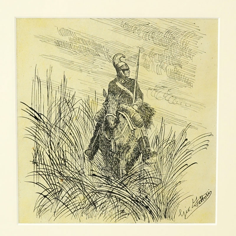 Giovanni Fattori, Italian  (1825 - 1908) Ink drawing on manila paper "Mounted Soldier" Signed lower right