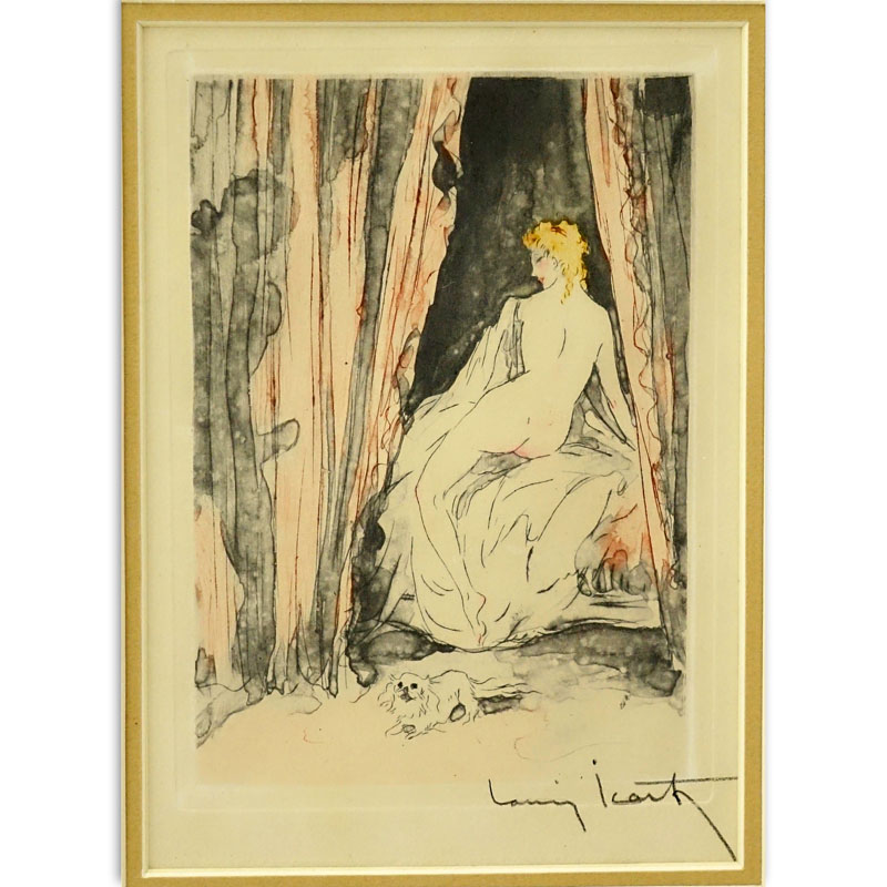 Attributed to: Louis Icart, French (1888-1950) Erotic Color Etching, Man Behind the Curtain