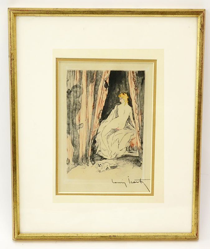 Attributed to: Louis Icart, French (1888-1950) Erotic Color Etching, Man Behind the Curtain