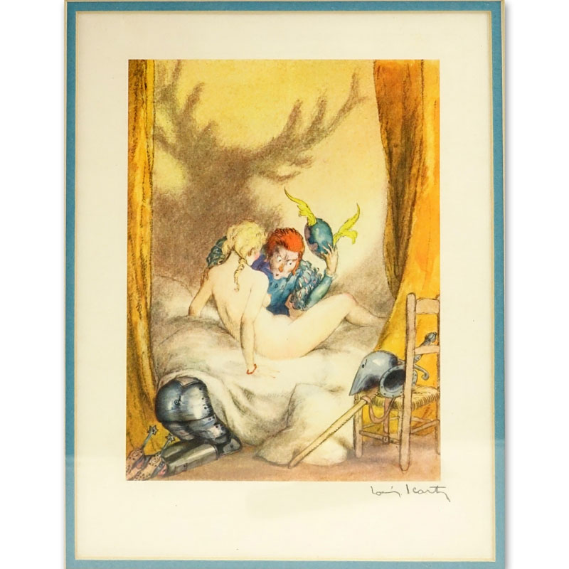 Attributed to: Louis Icart, French (1888-1950) Erotic Color Etching, Knight Under the Bed