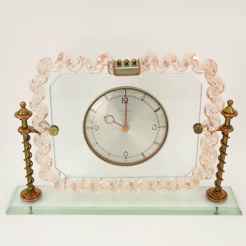 Mid Century Venini Murano  Crystal Glass and Brass Clock