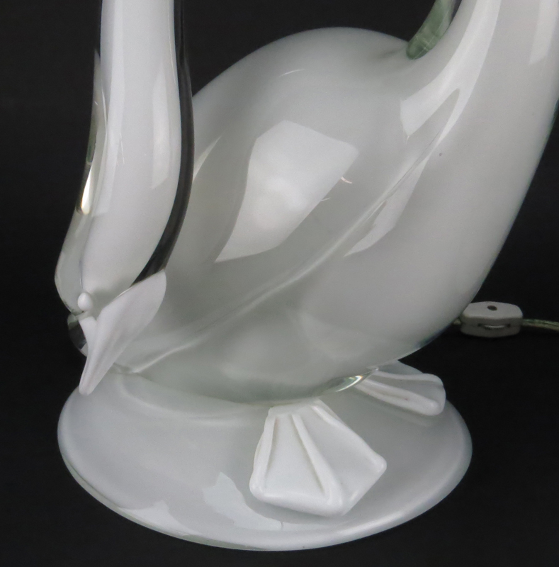 Murano Glass White Swan Lamp with Shade, Possibly Seguso