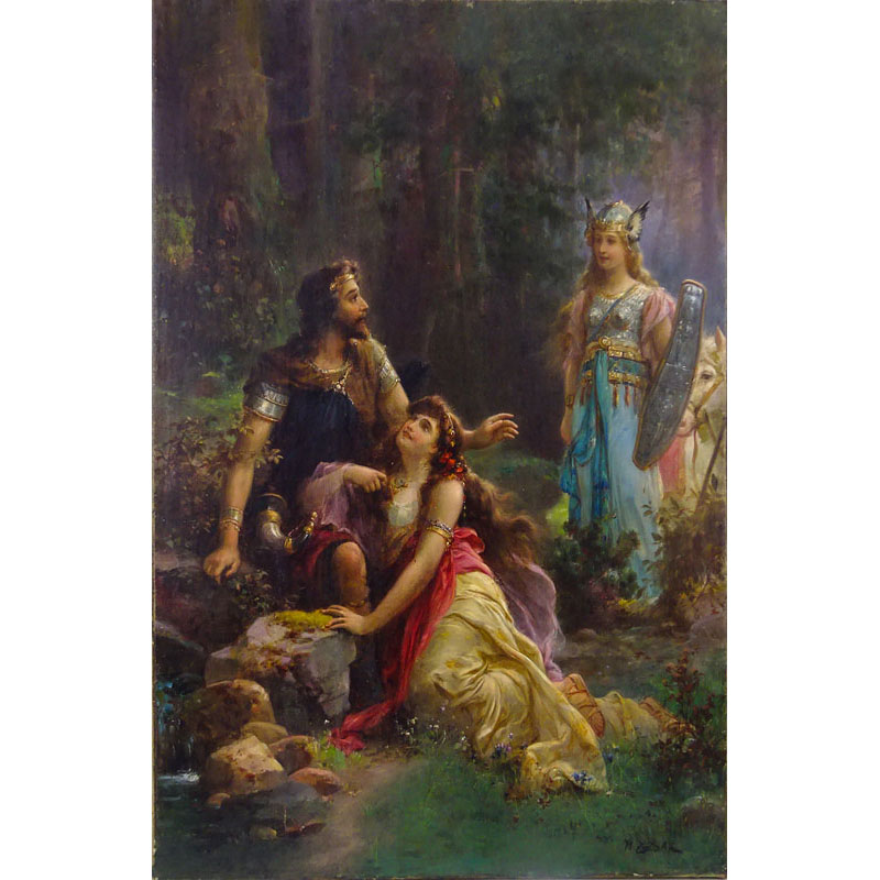 Hans Zatzka, Austrian (1859-1945) Oil on canvas "From Wagner's Valkyrie - Brünnhilde approaches Siegmund and Sieglinde to announce Siegmund's approaching death" Signed lower right