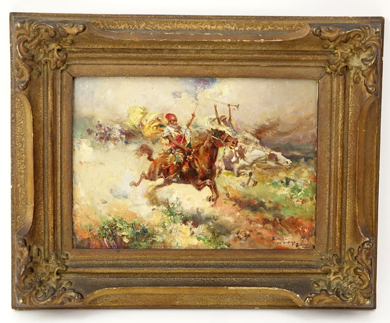 In the Style of Adolf Schreyer, German (1828-1899) "Arab Warriors" Oil on Board Signed Lower