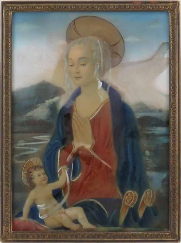 19th Century Italian "Madonna and Child" Watercolor Miniature Painting on Celluloid