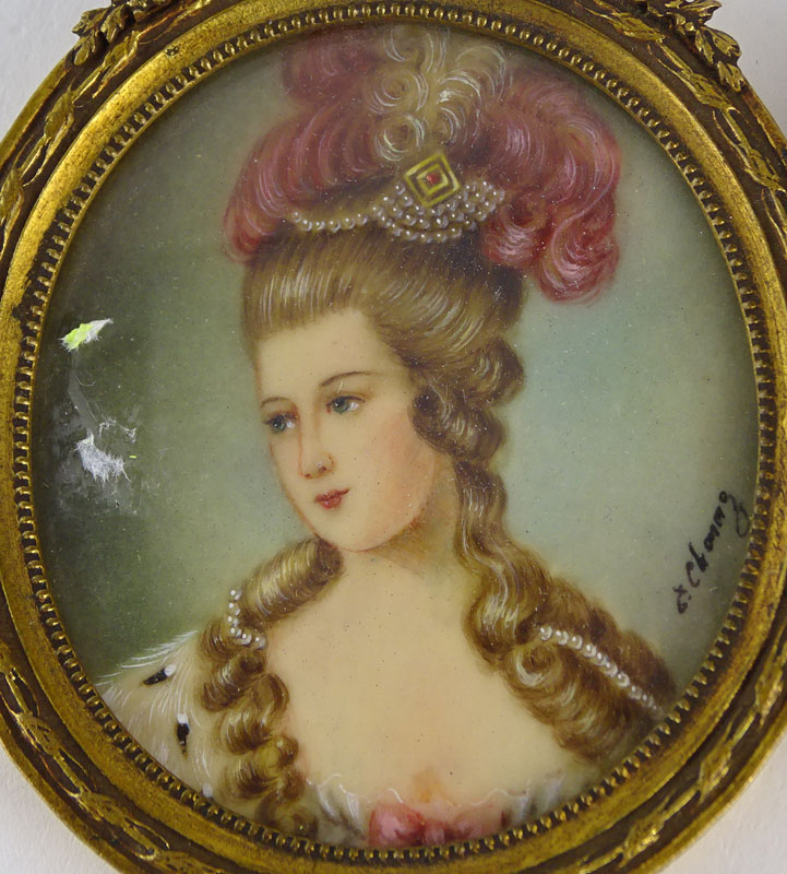 Grouping of Four (4) Antique  French Hand Painted Miniature Portraits on Celluloid