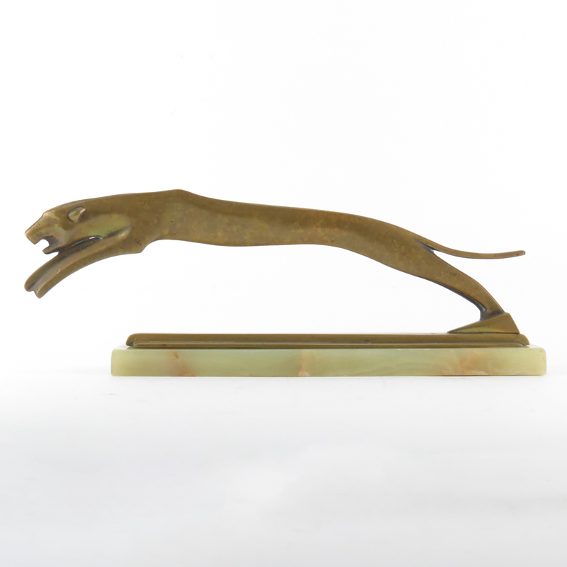 Circa 1920s Art Deco Bronze Sculpture of a Panther on Onyx Base