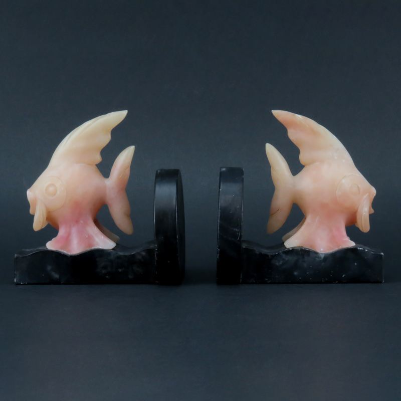 Pair of Italian Art Deco Style Alabaster Angel Fish Bookends
