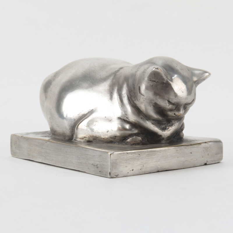 Edouard-Marcel Sandoz, Swiss/French (1881-1971) "Chat Endormi" Silvered Bronze Sculpture