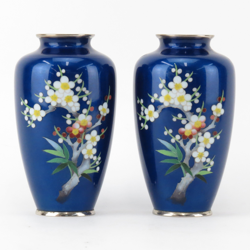 Pair of Antique Japanese Cloisonné Cobalt Blue Enamel Vases