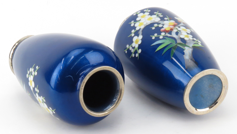 Pair of Antique Japanese Cloisonné Cobalt Blue Enamel Vases