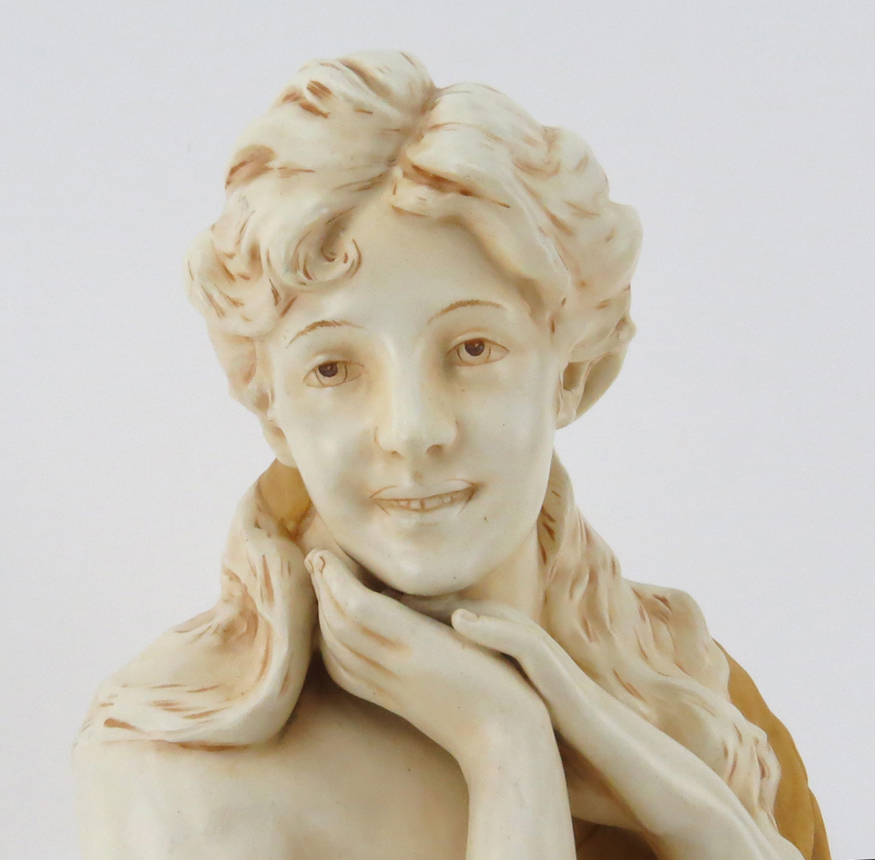 Antique Royal Dux Art Nouveau Polychrome Satin Glaze porcelain Bust Modeled as Young Woman