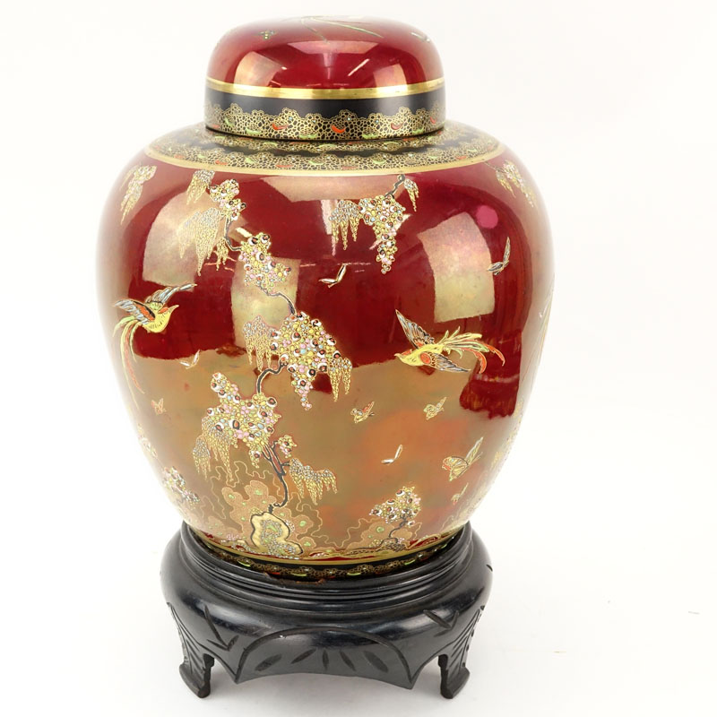 Carlton Ware Oriental Style Rouge Royale Luster Ginger Jar on Wooden Stand