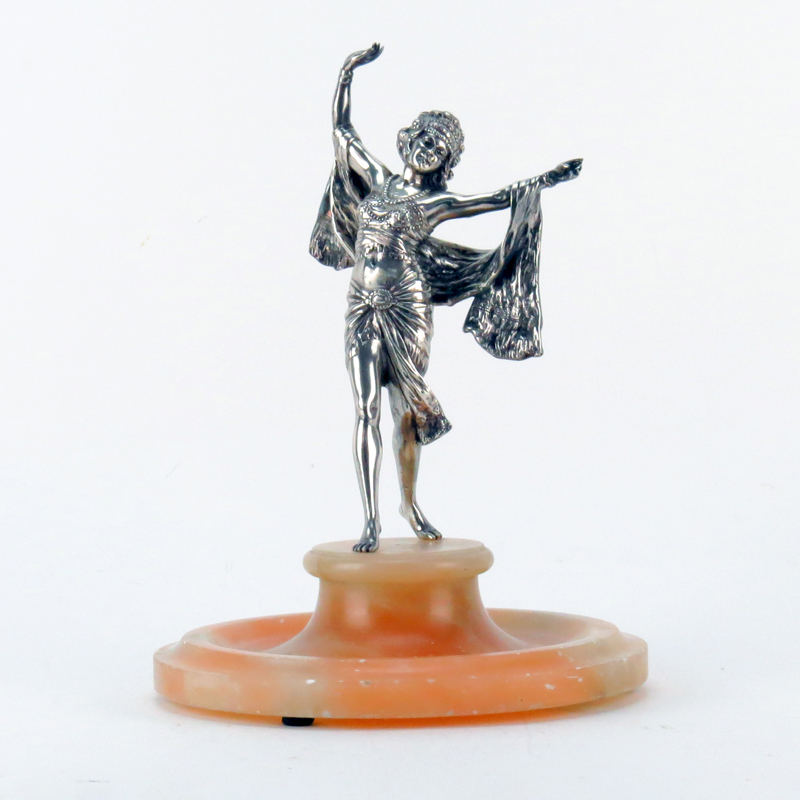 Paul Philippe Style Art Deco Silvered Bronze Dancer on Alabaster Base