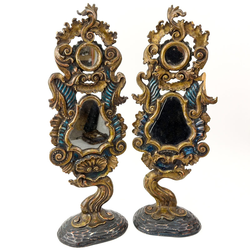 Pair of Italian Rococo Style Polychrome Carved Wood Standing Mirrors
