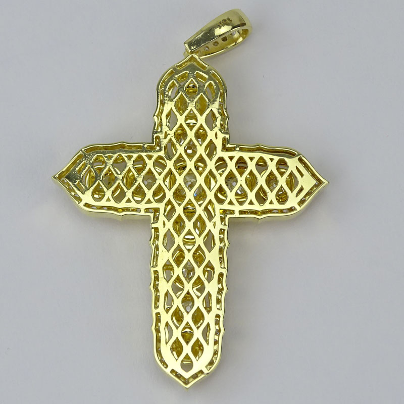 11.81 Carat Cushion Cut and Round Brilliant Cut Diamond and 18 Karat Yellow Gold Cross Pendant.