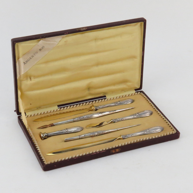 Six (6) Piece Argento 800 Italy Silver and Vermeil Desk Set in fitted Box