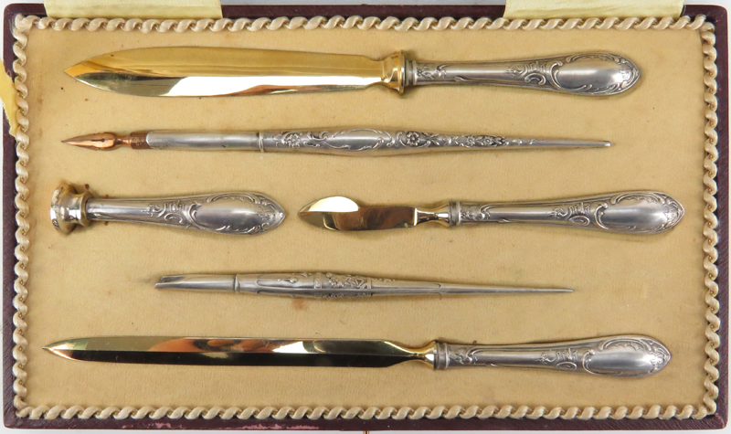 Six (6) Piece Argento 800 Italy Silver and Vermeil Desk Set in fitted Box