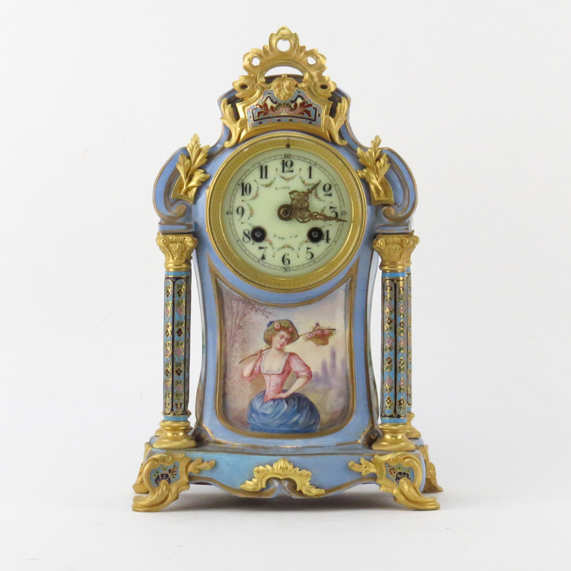 Antique Sevres Style Bronze Mounted, Cloisonné,  Porcelain Mantel Clock