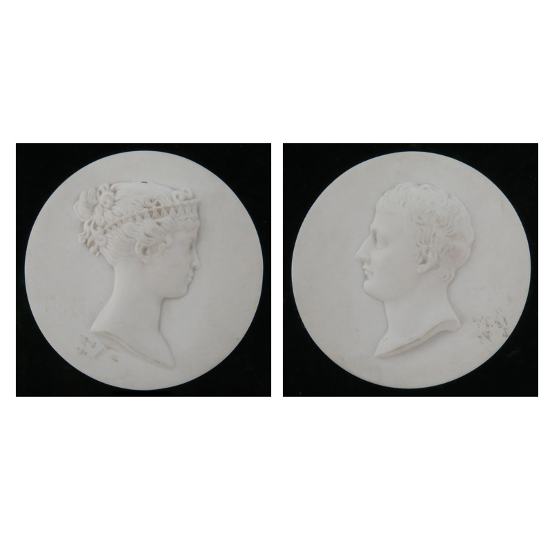 Pair of Neoclassical "Napoleon and Josephine"  Parian Medallion Affixed on Velvet