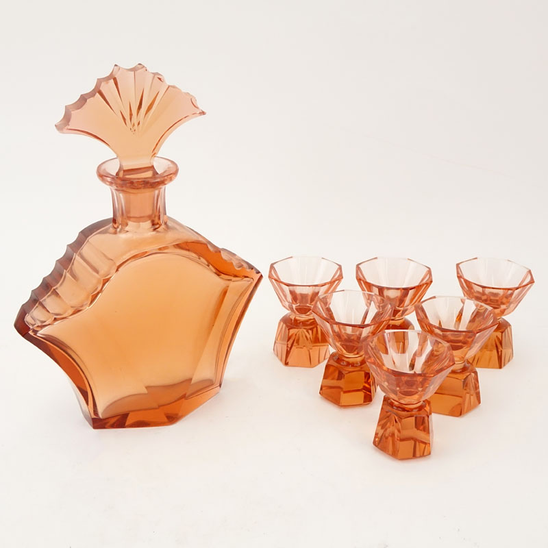 Vintage Seven (7) Piece Glass Cordial Set Including Decanter with Stopper and Six (6) Cordial Glasses