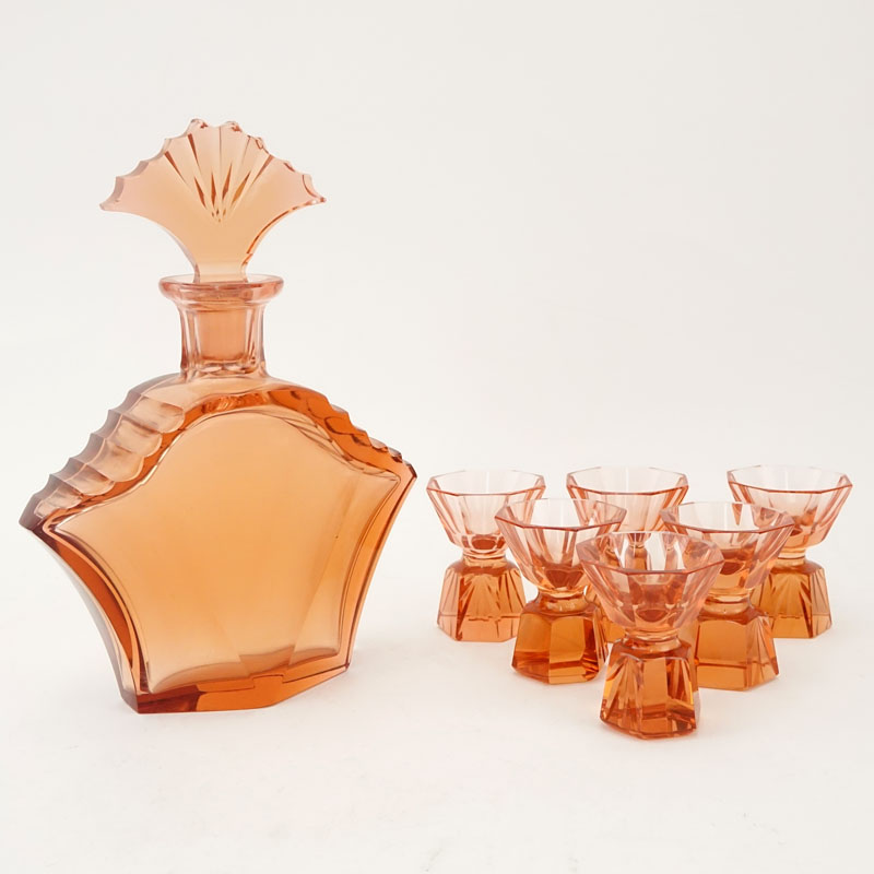 Vintage Seven (7) Piece Glass Cordial Set Including Decanter with Stopper and Six (6) Cordial Glasses