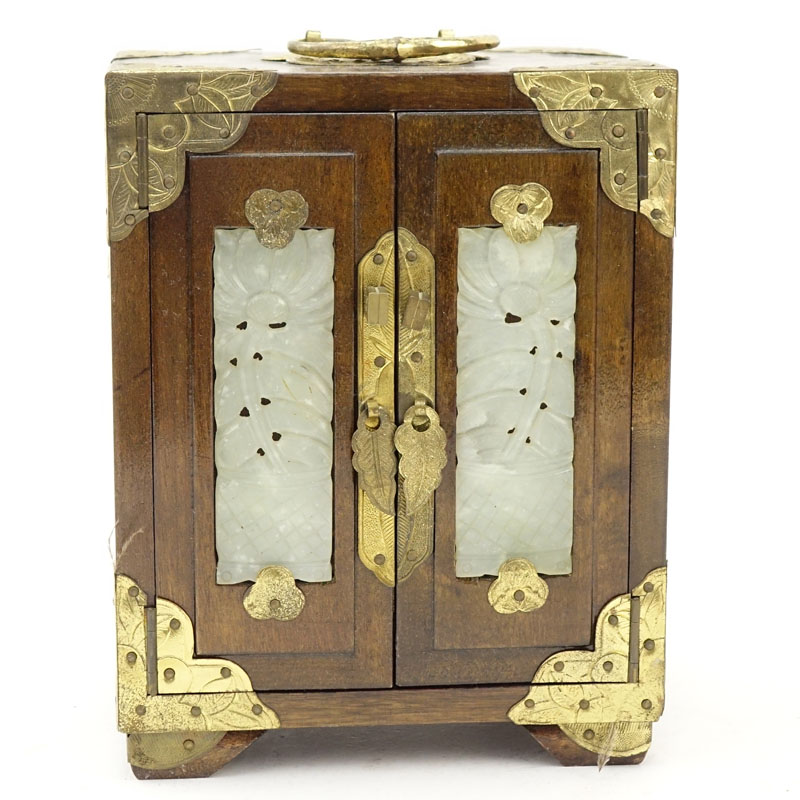 Vintage Chinese Brass Mounted Music/Jewelry Box with Carved Pale Celadon Jade Panels and Fitted Interior
