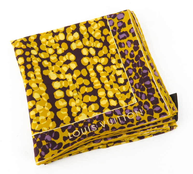 Louis Vuitton Silk Scarf, Gold, Yellow, Purple Print