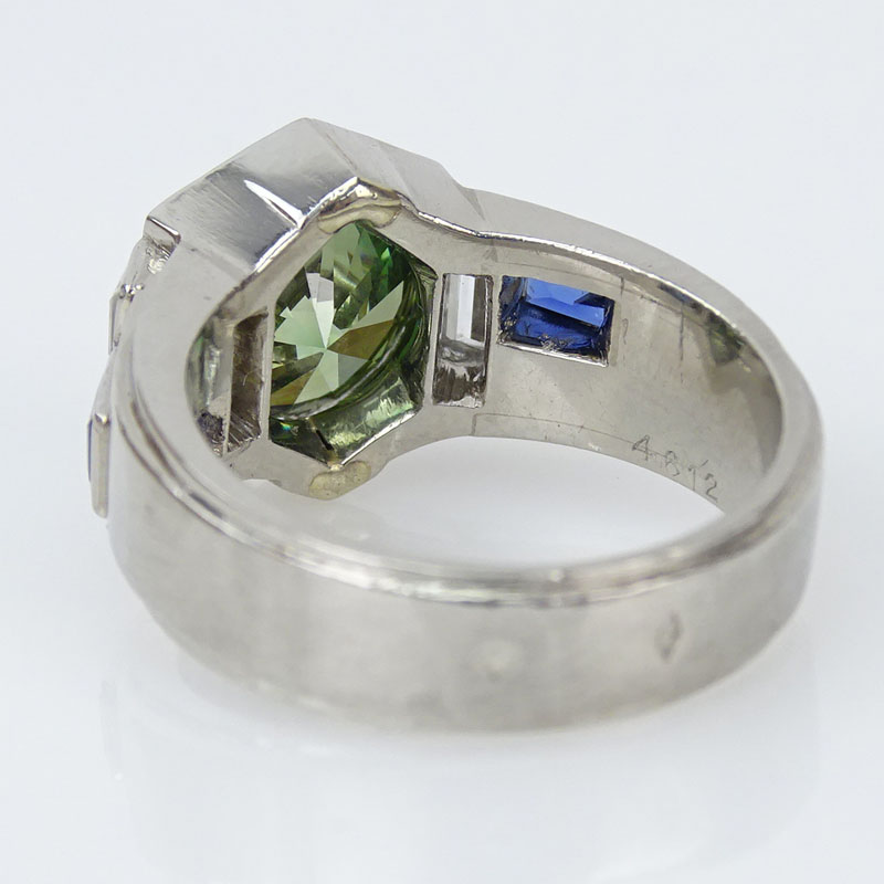3.78 Carat Old European Cut Green Diamond and Platinum Ring with Sapphire Accents.