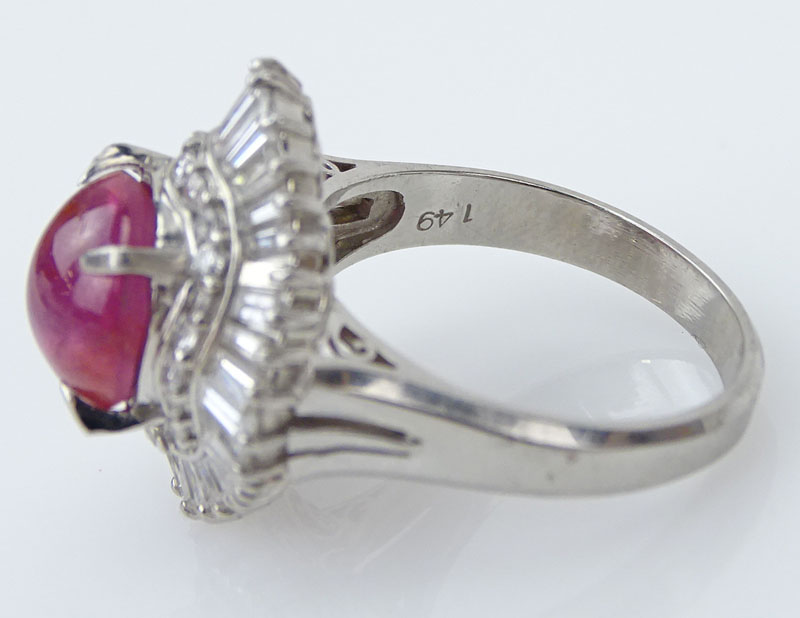 4.14 Carat Cabochon Star Ruby, 1.49 Carat Baguette and Round Brilliant Cut Diamond and Platinum Ballerina Ring. 
