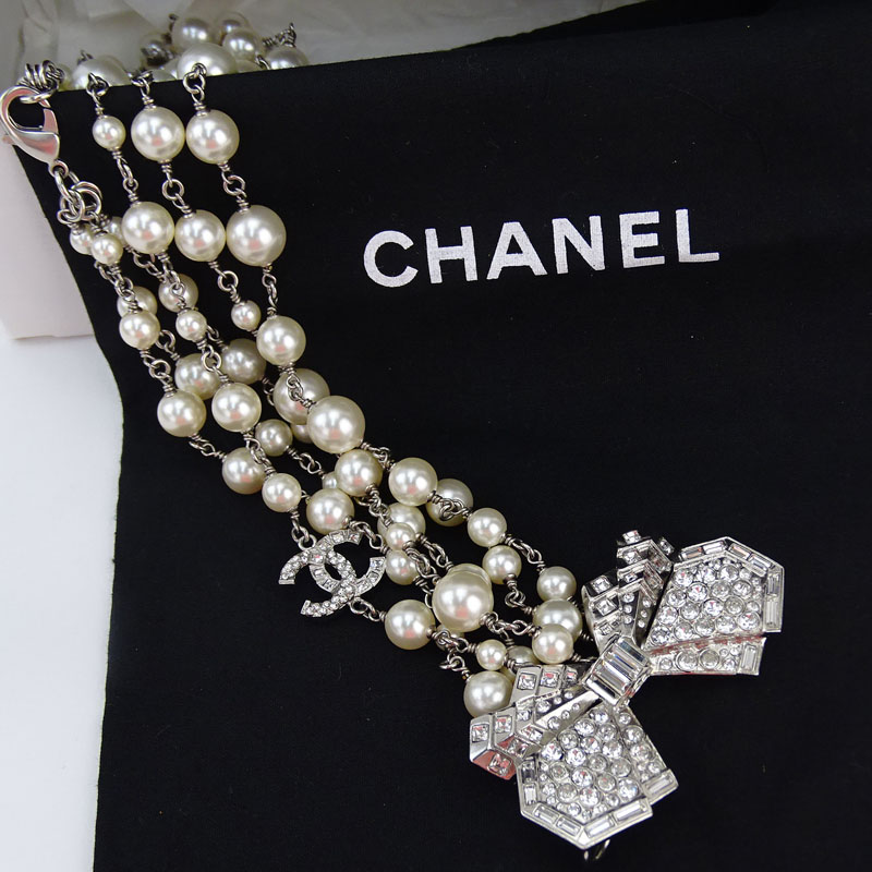 Chanel Faux Pearl, Crystal Bow, CC Three Strand Necklace