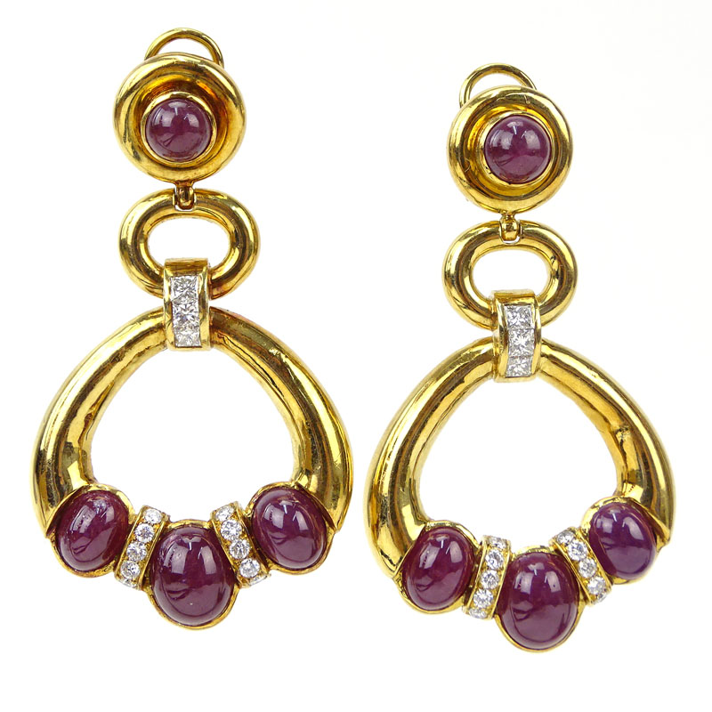 Cabochon Burma Ruby, Diamond and 18 Karat Yellow Gold Pendant Earrings