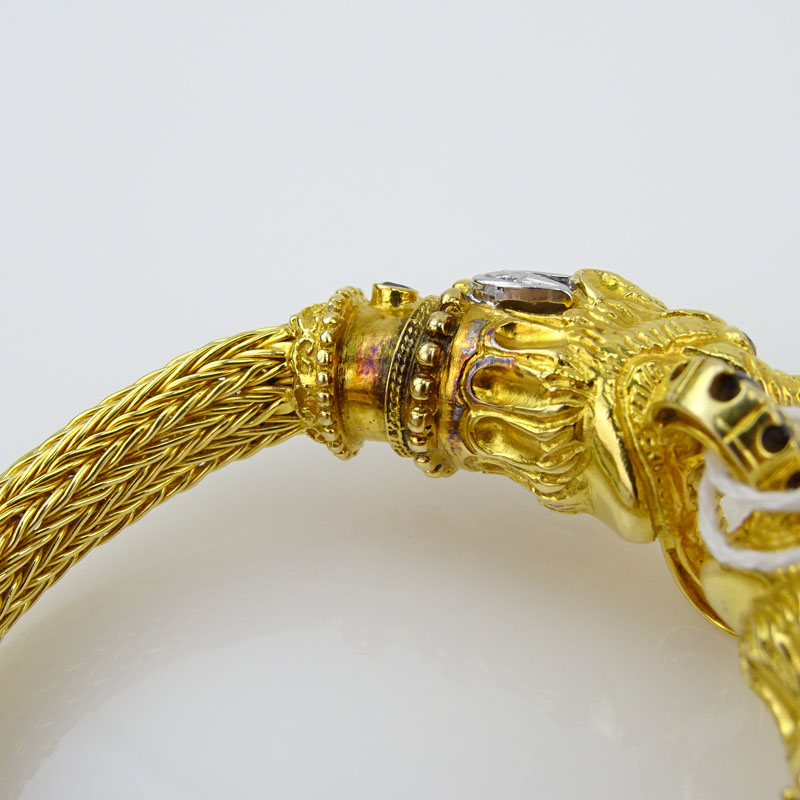 Ilias Lalaounis, Greek 18 Karat Yellow Gold Lion Head Bracelet with Diamond, Sapphire and Ruby Accents.