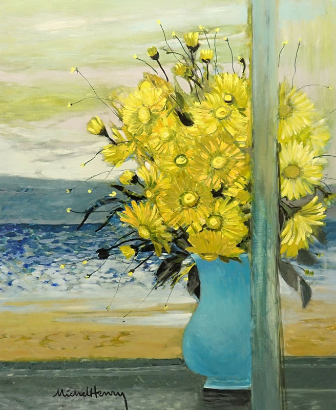 Michel-Henry, French (1928) Oil on canvas "Yellow Flowers On Terrace" Signed lower left