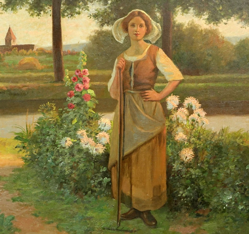 Jean Beauduin, Belgian (1851-1916) Oil on canvas "Maiden In Garden"