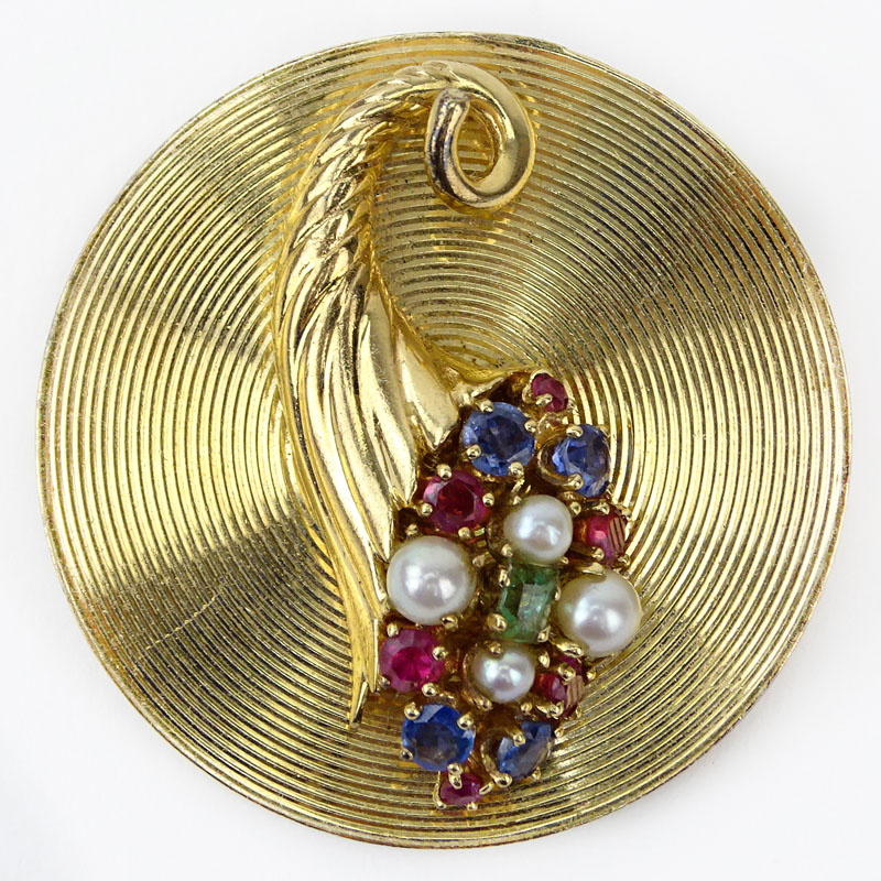 Circa 1950s 14 Karat Yellow Gold Circular Pendant/Brooch with Sapphire, Emerald, Ruby and Pearl Accents