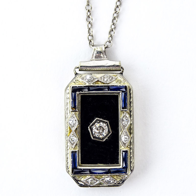 Assembled Art Deco Diamond, Sapphire, Black Onyx and 18 Karat White Gold Pendant (was once a watch) on 14 Karat White Gold Chain