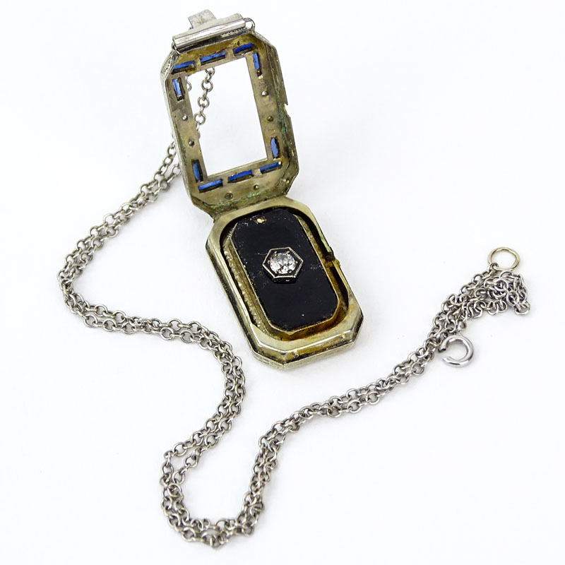 Assembled Art Deco Diamond, Sapphire, Black Onyx and 18 Karat White Gold Pendant (was once a watch) on 14 Karat White Gold Chain