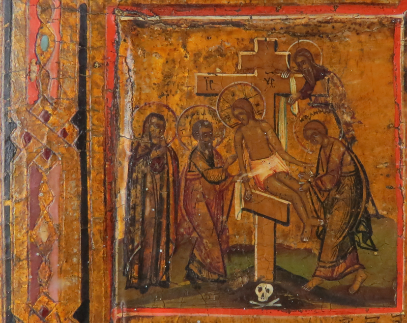 18th Century Russian Painted and Parcel Gilt Icon on Panel Depicting the Crucifixion of Christ