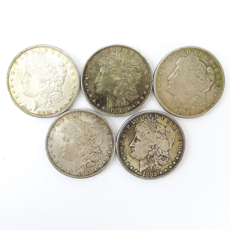Lot of Five (5) 1881-1921 U.S. Morgan Silver Dollars.