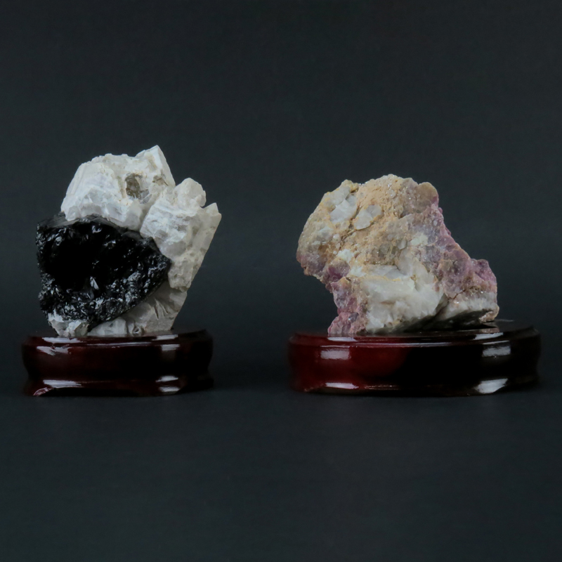 Two (2) Agate Mineral Specimens on Wooden Stands