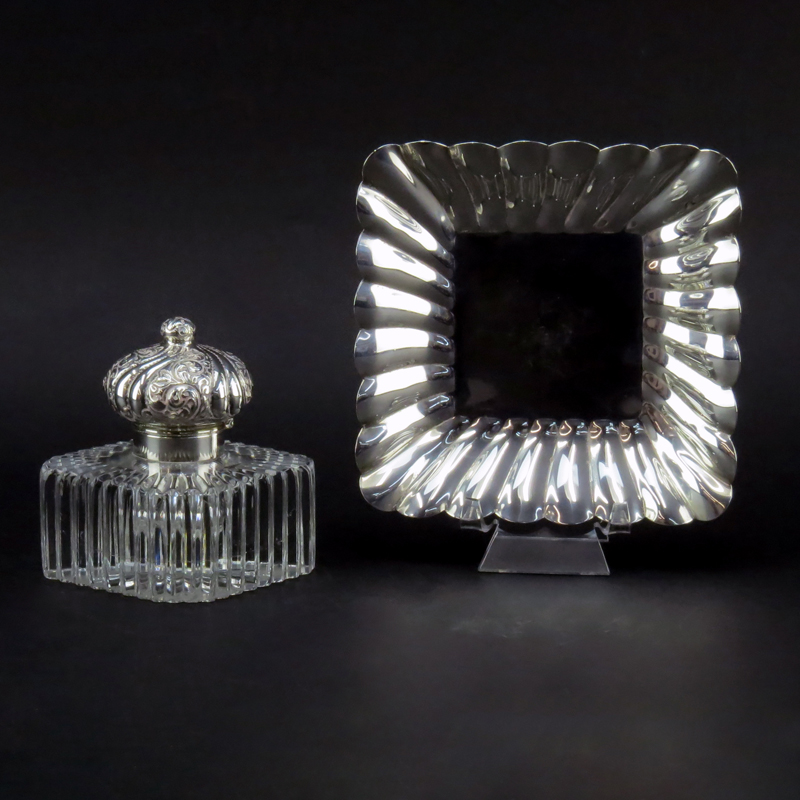 20th Century Sterling and Glass Inkwell and Tray