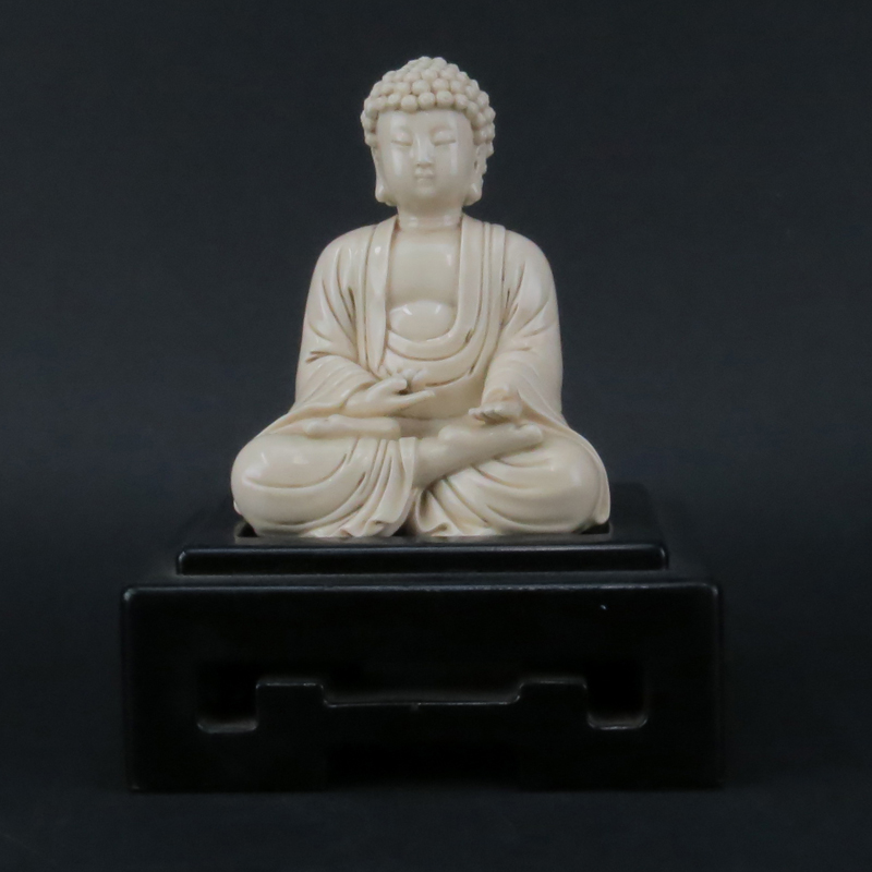 Chinese Dehua Porcelain Seated Buddha Figure on Wood Stand