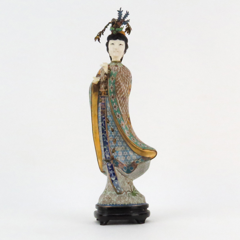Early 20th Century Chinese Cloisonné Enamel Courtesan Figurine in Original Fitted Box