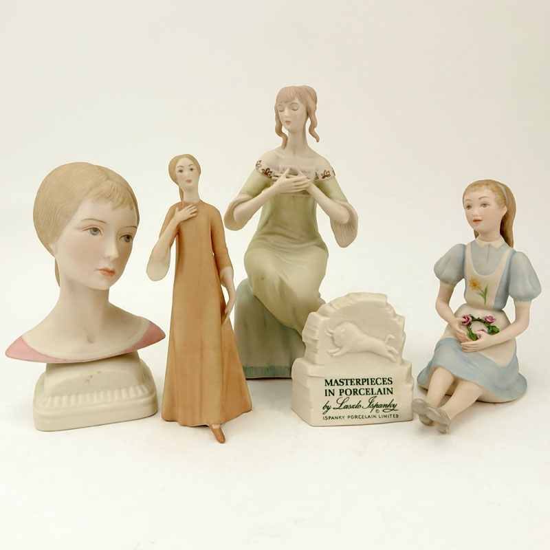 Group of Four (4) Laszlo Ispanky Porcelain Figurines and Advertising Sign