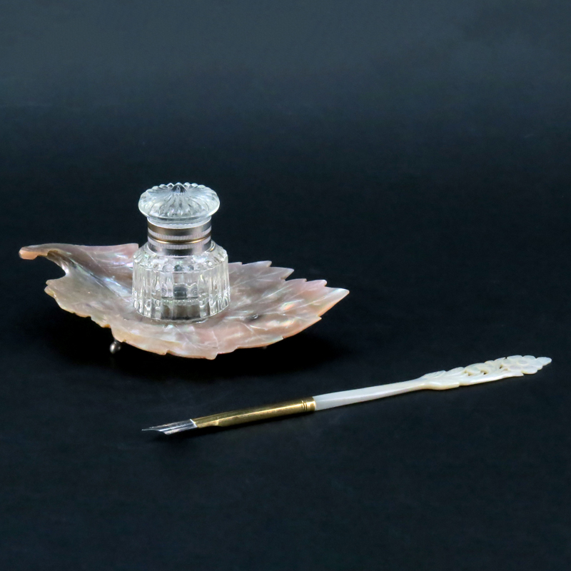 Vintage Sengbusch Mother of Pearl Inkwell and Dip Pen