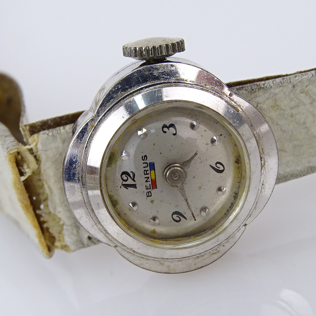 Lady's Vintage 14 Karat White Gold Manual Movement Watch with Leather Strap